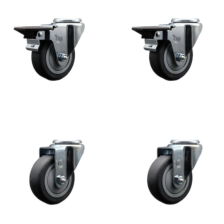 Service Caster 3.5'' Thermo Rubber Wheel Swivel Bolt Hole Caster Set with 2 Posi Lock Brakes, 4PK SCC-BH20S3514-TPRB-PLB-2-S-2